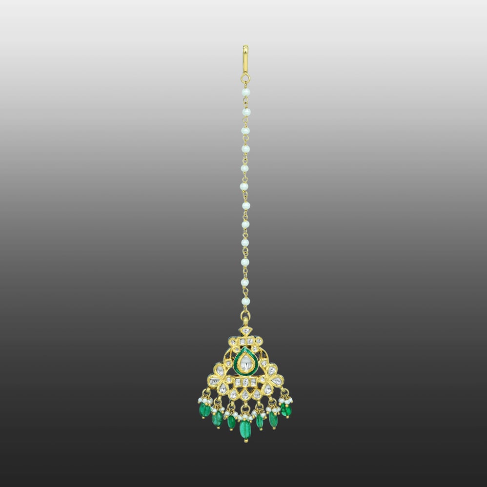 Green Enamel Polki Mangtikka with Pearl and Emerald Drops